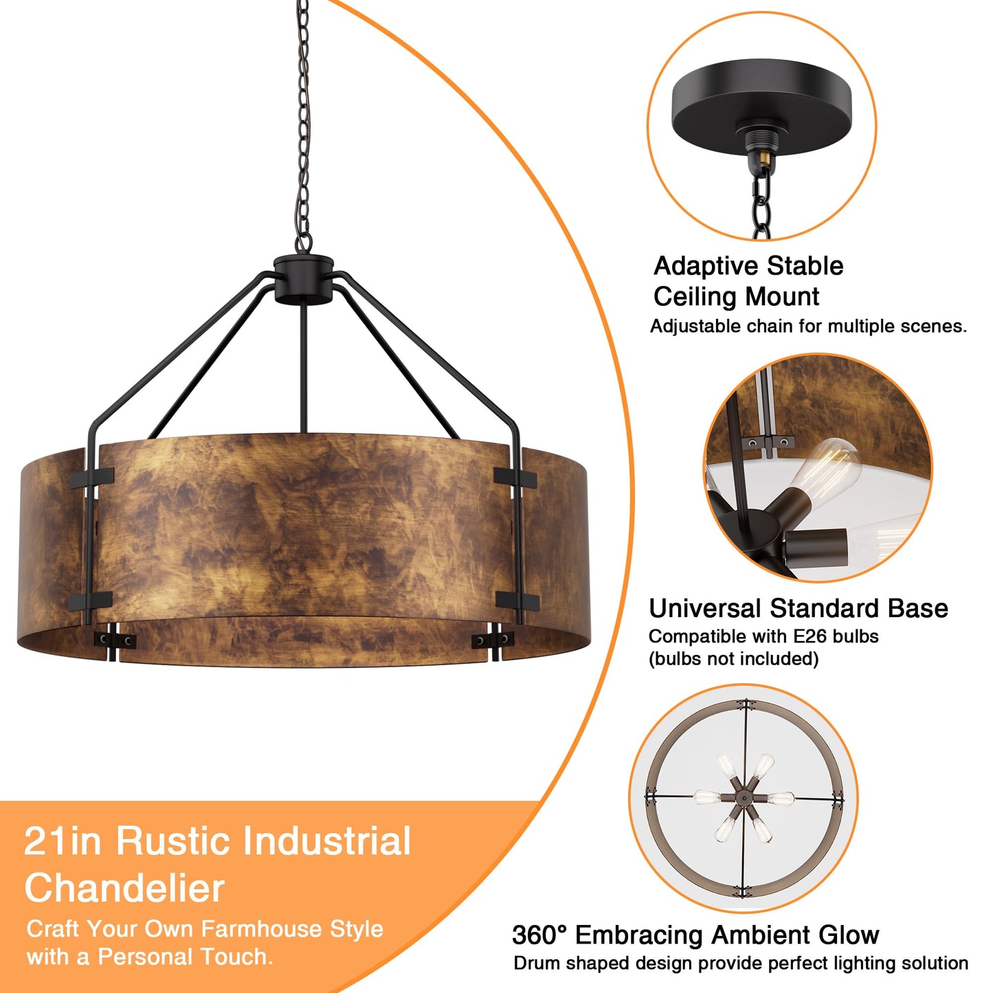 Espird Farmhouse Drum Chandelier, 6-Light, 30in Pendant Light Fixture with Chain, Kitchen Island Pendant Over Table, Rustic Industrial Chandelier for Dining Room, Bedroom, Living Room, Foyer