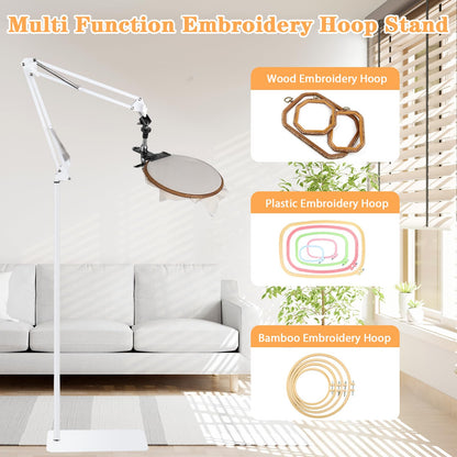 Adjustable Embroidery Hoops Stand for Hand Work,Cross Stitch Frame with 360° Rotation, Hands-Free Stitching,3-in-1 Hoop/Tablet/Phone Holder Floor Stand,White