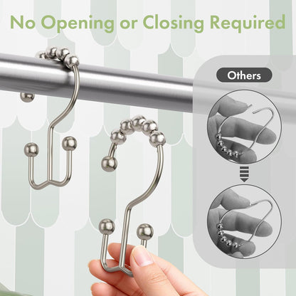 Amazer Shower Curtain Hooks - 12PCS Rust-Resistant Metal Double Rings for Easy Curtain Rolling | Nickel Finish