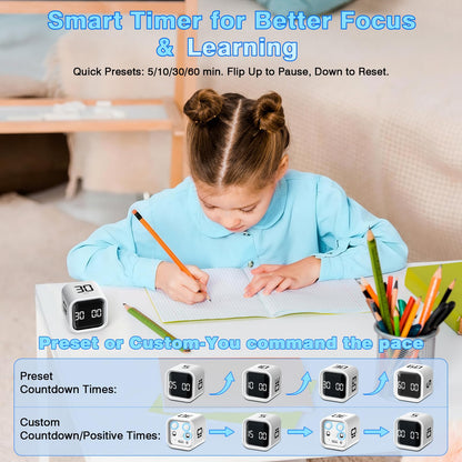Cube Pomodoro Timer, Smart Productivity Timer 5/10/30/60 Minutes & Custom Countdown, Pause & Resume, Adjustable & Silent Visual Timer, Portable Rotation Multi Desk Timer for Study Task Work Kitchen