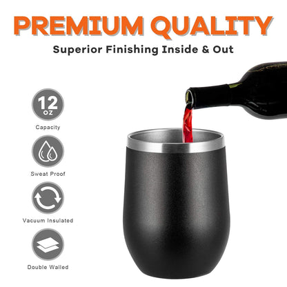 COMOOO 12oz Stainless Steel Drinking Cup - Bulk with Lid and Straw, Double Wall Vacuum Insulated, for Hot and Cold Drinks, Coffee, Cocktails, Black, 8 Pack