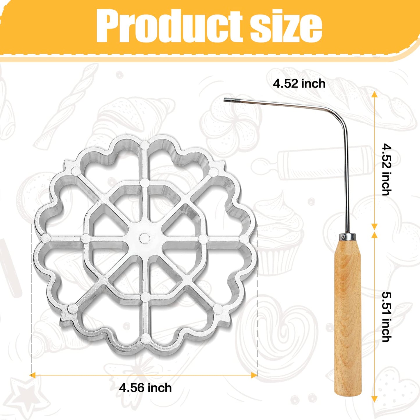 Bunuelos Mold Rosette Iron Molds Set with Wooden Handle, Lotus Flower Bunuelos Cookie Maker Mold, Funnel Cake Maker Cooking Stamp Maker Kit - 4.7 Inches