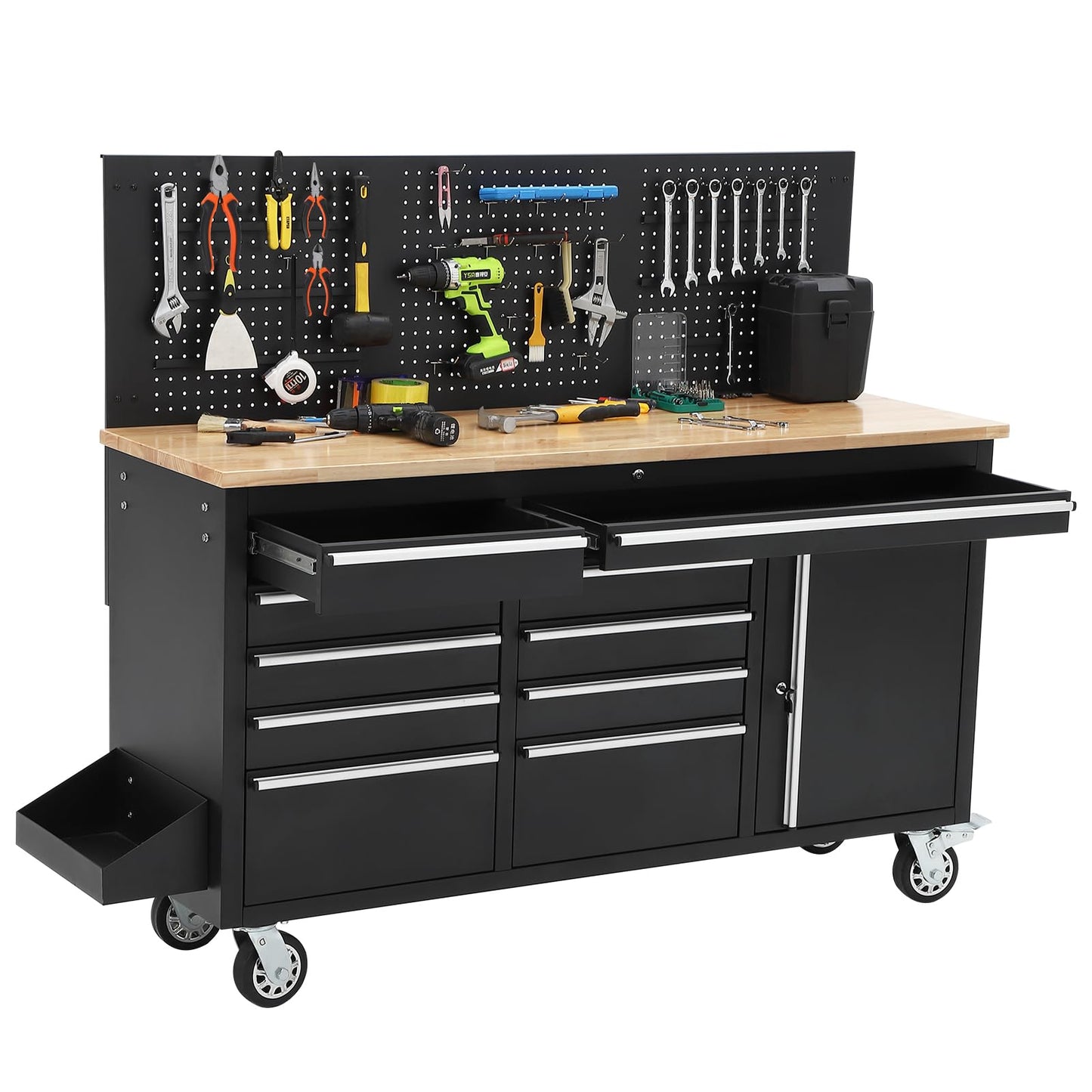 PeakPursuit 61" Rolling Tool Chest with 10 Drawers, Workbench Cabinet with Power Strip, Solid Rubber Wood Top, Pegboard, 1675 LBS Load, Mobile Heavy Duty Garage Storage, Locking Wheels, Black