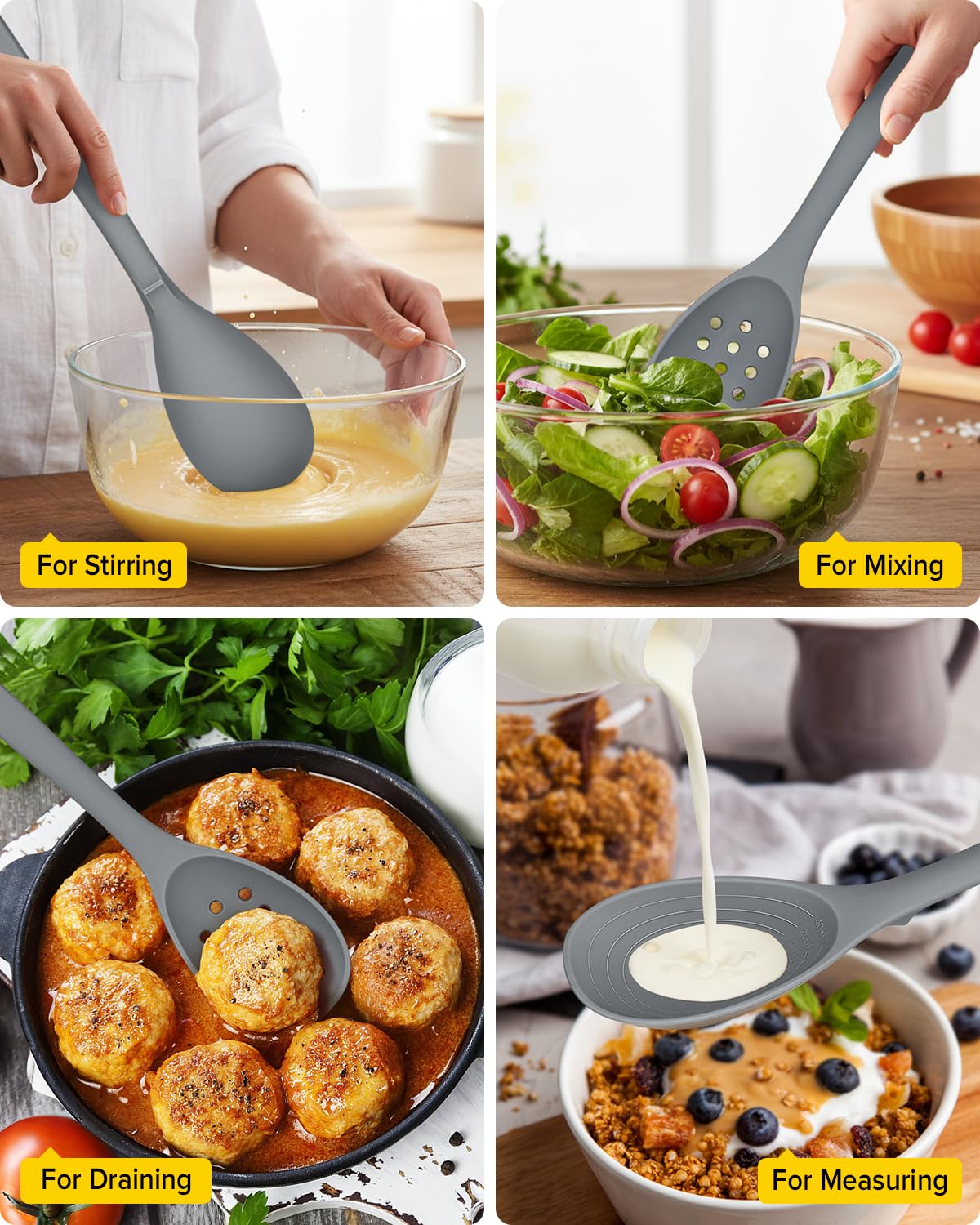 Pack of 2 Silicone Cooking Spoons, Non Stick Solid Kitchen Spoon with Measuring Marks & Back Hooks, Heat Resistant Silicone Slotted Spoon for Cooking, Mixing, Stirring,Serving (GRAY)