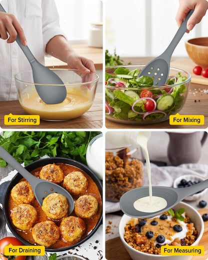 Pack of 2 Silicone Cooking Spoons, Non Stick Solid Kitchen Spoon with Measuring Marks & Back Hooks, Heat Resistant Silicone Slotted Spoon for Cooking, Mixing, Stirring,Serving (GRAY)