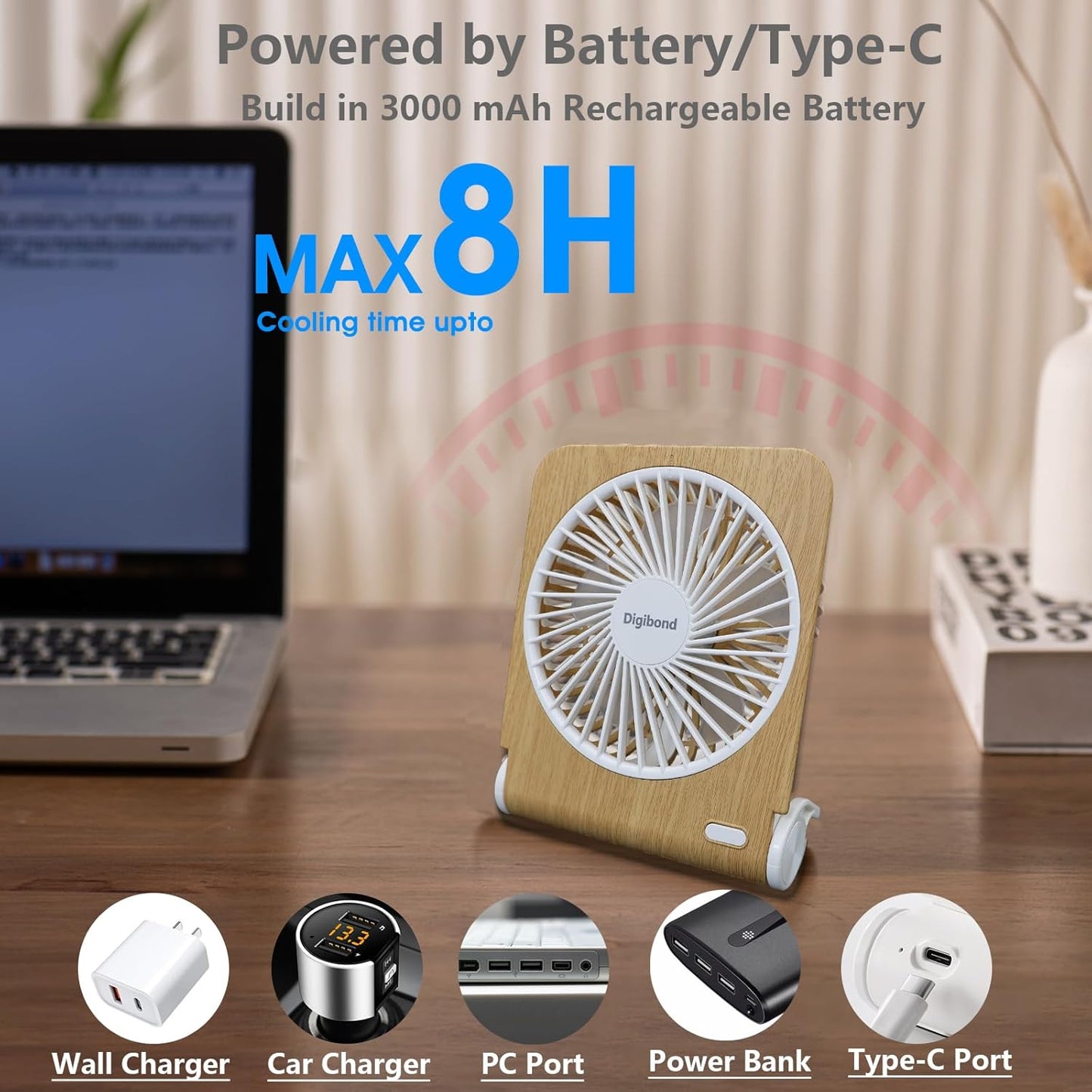 Small Quiet Desk Fan, 5in Rotatable, Foldable & Rechargeable, 3000mAh Battery Operated, Strong Airflow (Light Wood)