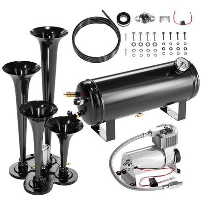 150DB Train Air Horn Kit, 4 Horn Kits for 150 PSI 12V Air Compressors, Ultra Loud Air Horn With Built-in 90-120 PSI Pressure Switch and Temperature Controller for Truck Complete Kit, Black 1.59 Gallon