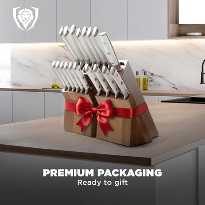 Dalstrong 18-Piece Gladiator Colossal Knife Block Set (White Handles) — German High-Carbon Steel, Full-Tang, Hand-Sharpened — For Home Chefs, Wedding Registries & Serious Kitchens — Acacia Block, NSF