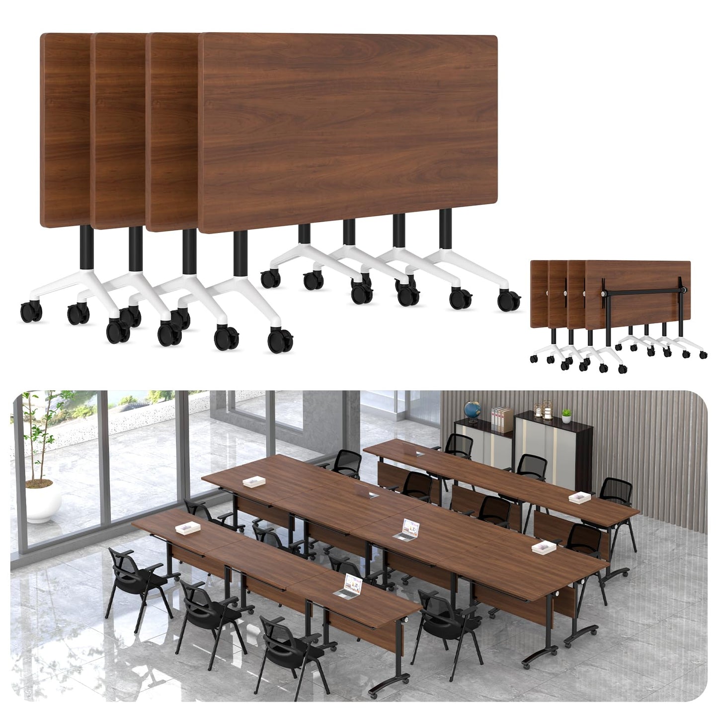 rzoizwko 55.1" Folding Conference Table with Wheels,2 Pack Heavy-Duty Flip-Top Reconfigurable Training Table System,Rolling Conference Room Tables for Office, Classroom & Meeting Rooms