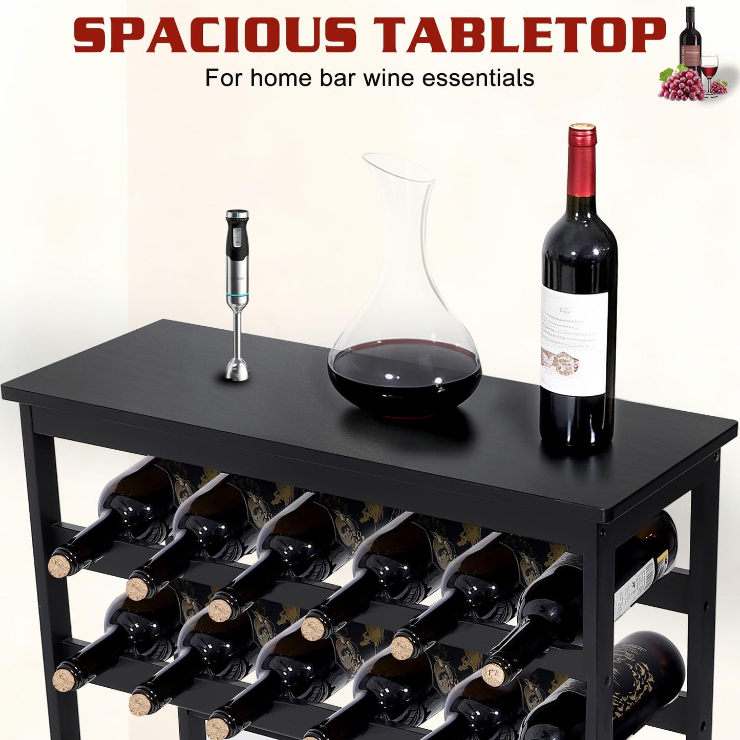 Bambition Bamboo Wine Rack Freestanding Floor, 7-Tier 42-Bottle Wine Storage Shelf with Table Top - Black