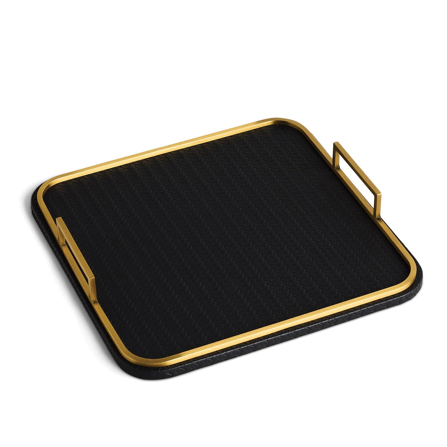 Preston Lane Mayfair Decorative Tray – Vegan Leather with Woven Texture, Brushed Brass Handles – Serving, Dresser & Coffee Table Tray, Ink 12.8 x 12.8 x 1