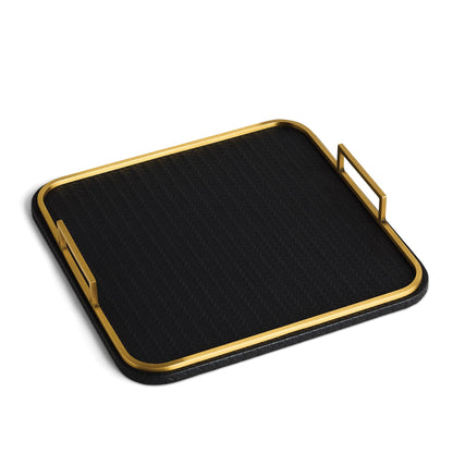 Preston Lane Mayfair Decorative Tray – Vegan Leather with Woven Texture, Brushed Brass Handles – Serving, Dresser & Coffee Table Tray, Ink 12.8 x 12.8 x 1