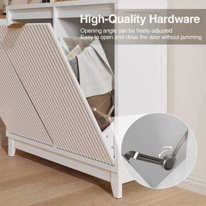 Double Tilt Out Trash Can Cabinet with Odor Control, Outlets, Fluted Trash Cabinet 13 Gallon Hidden Bin Storage, Modern Kitchen Cabinet with Soft-Close Door, Laundry Hamper Cabinet for Bathroom