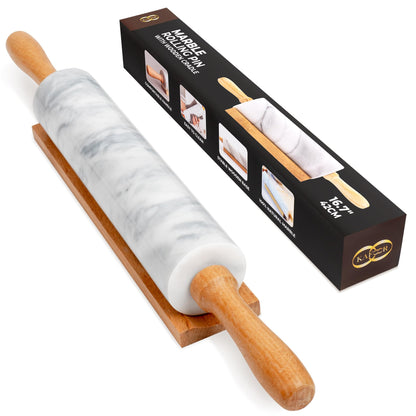 Kafoor 16.7 Inches Marble Rolling Pin for Baking with Wooden Handles & Wooden Cradle - Rolling Pin for making Pizza Dough & Tortillas, Dough Roller for Pasta, Cookie, Pie Crust and More!