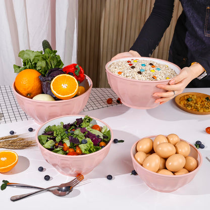 BoxedHome Mixing Bowls with Lids Set, 4PK Large 0.2” Thick Plastic Nesting Mixing Bowl, Microwave Safe,Size 1.37,2.32,3.8 and 5.07qt, Pink
