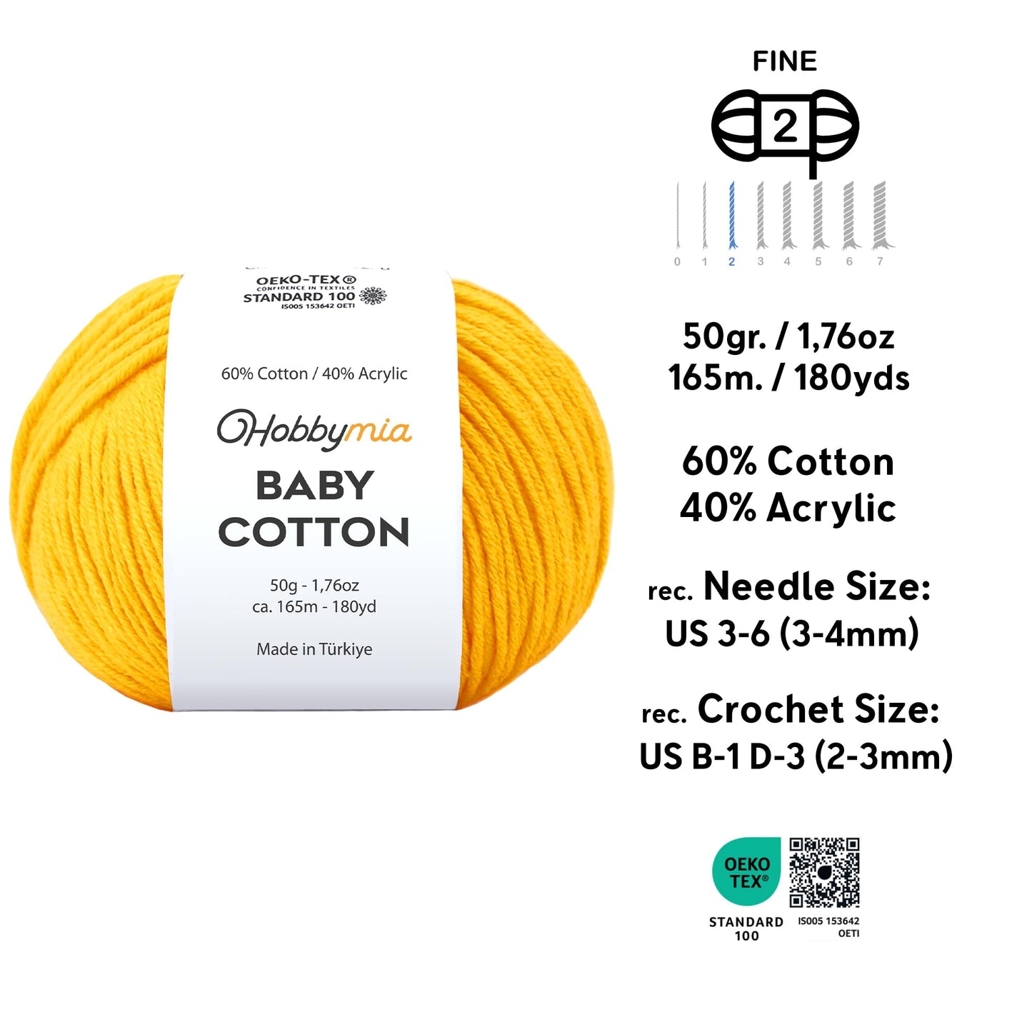 HobbyMia Baby Cotton Blend Yarn – Soft Sport Weight Yarn for Crochet & Amigurumi - 50g/180yds - 60% Cotton 40% Acrylic - Ideal for Baby & Knitting Proj. & 10 Stitch Markers(Mustard Yellow, 4 Balls)