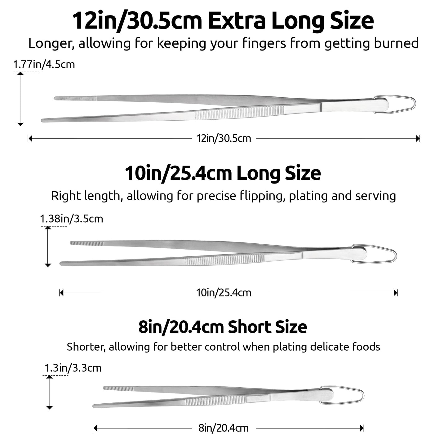 U-Taste 8"+10"+12" Kitchen Cooking Tweezer: 18/8 Stainless Steel Food-Grade Metal Food Tong, Flexible Pinching, Seamless-Welding and Sturdy for Serving Grilling Frying, Plating, Feeding (Pointed Tip)
