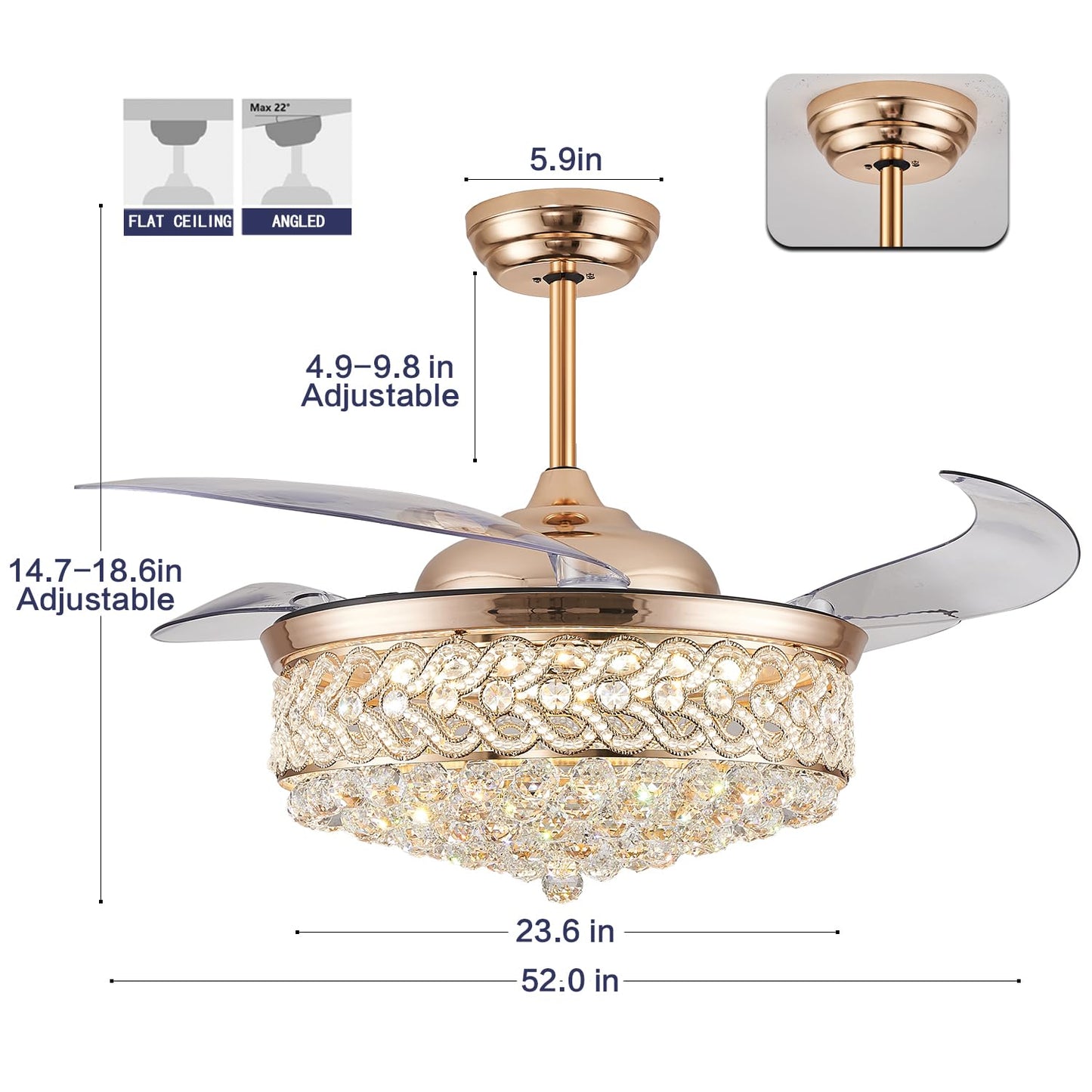 DuMaiWay 52" Dimmable Chandelier Ceiling Fan with Light, Modern Crystal Retractable Ceiling Fan with Remote and APP Control for Bedroom Dining Room Living Room 6 Speed Gold