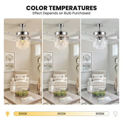 CROSSIO 52 Inch Crystal Ceiling Fan with Light and Remote Control, Modern Chandelier Fan with 5 Reversible Wood Blades Chrome Fandelier for Living Room Bedroom (Fine line Crystal-Ceiling Fan)