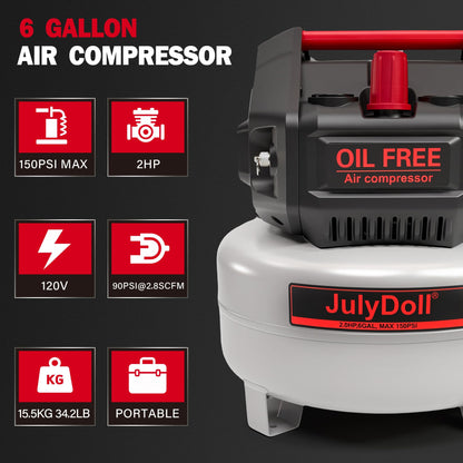 6 Gallon Pancake Air Compressor, 2.0 HP, Max 150 PSI, Oil-Free Motor, Portable Air Compressor for Garage, Workshop, Tire Inflation