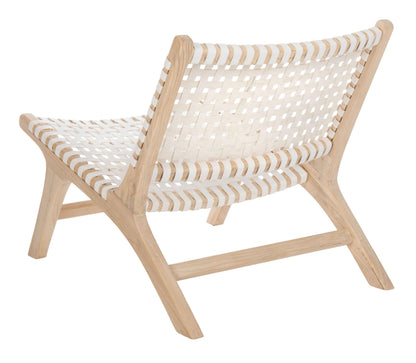 SAFAVIEH Home Collection – Luna Natural Solid Wood & White Leather Woven Accent Chair, Contemporary Lounge Chair, Fully Assembled (ACH1002A)