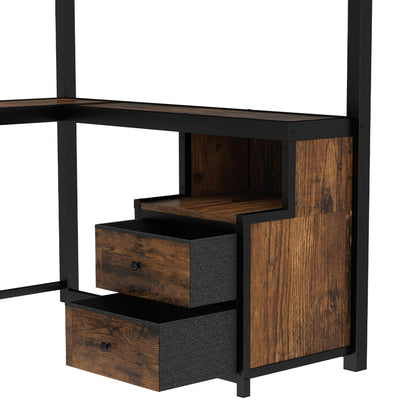Bellemave Metal Queen Size Loft Bed with Desk and Non-Woven Fabric Drawers,Heavy Duty Loft Bed Frame with Clothes Rack and Storage Shelves for Kids,Teens,Adults, Space Saving,Black