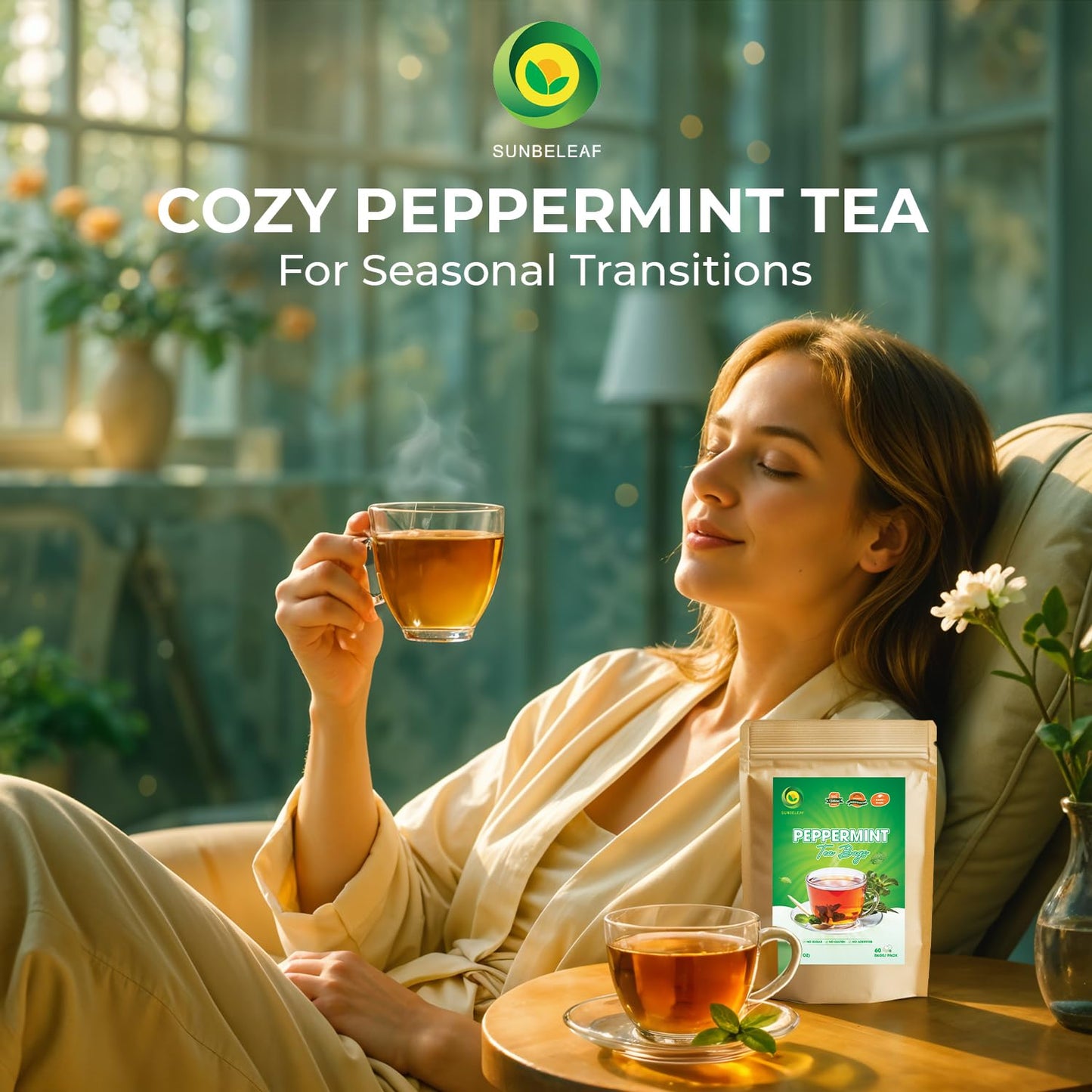 SUNBELEAF Peppermint Tea – 60 Tea Bags, Pure Mint Leaves from Vietnam, Caffeine-Free Herbal Infusion, Resealable Zip Pouch, Refreshing Gentle Flavor, Ideal for Daily Enjoyment