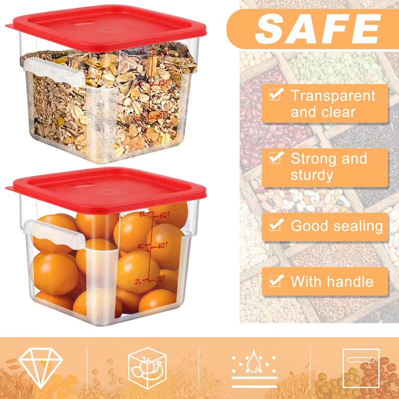 Ziliny 3 Sets 6 Qt Square Food Storage Containers with Lids Dough Proofing Bucket Commercial Polycarbonate Containers with Scale Clear Airtight Cereal for Pantry Home Restaurant (Red)