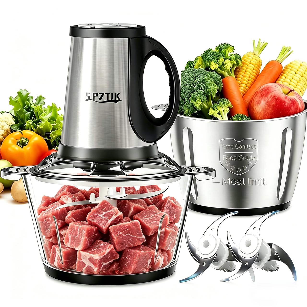 SPZTJK 3-Speed Electric Food Processor: Meat Grinder, Vegetable Chopper & Baby Food Maker - 300W, 2 Bowls (8 Cup Stainless Steel+8 Cup Glass), Quiet Operation