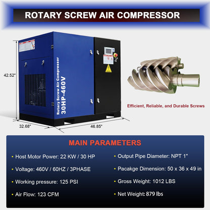 Trollastor 20HP Rotary Screw Air Compressor, 74 CFM @125 PSI, 230V 60Hz 3-Phase Fixed Speed Industrial Compressor, 62 dB Low-Noise, Star-Triangle Start, 1" NPT Outlet, Heavy-Duty Steel Cabinet