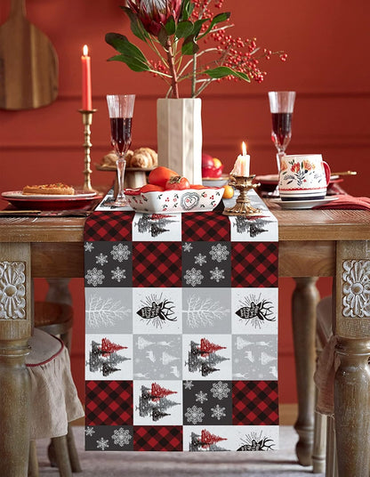 Christmas Table Runner 72 Inch, Buffalo Plaid Checkered Snowflake Elk Xmas Tree Bear for Holiday Kitchen