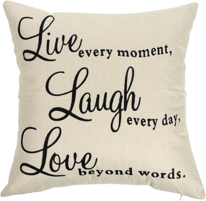 Ogiselestyle Motivational Sign Throw Pillow Case, Live Every Moment, Laugh Every Day, Love Beyond Words, 18" x 18"