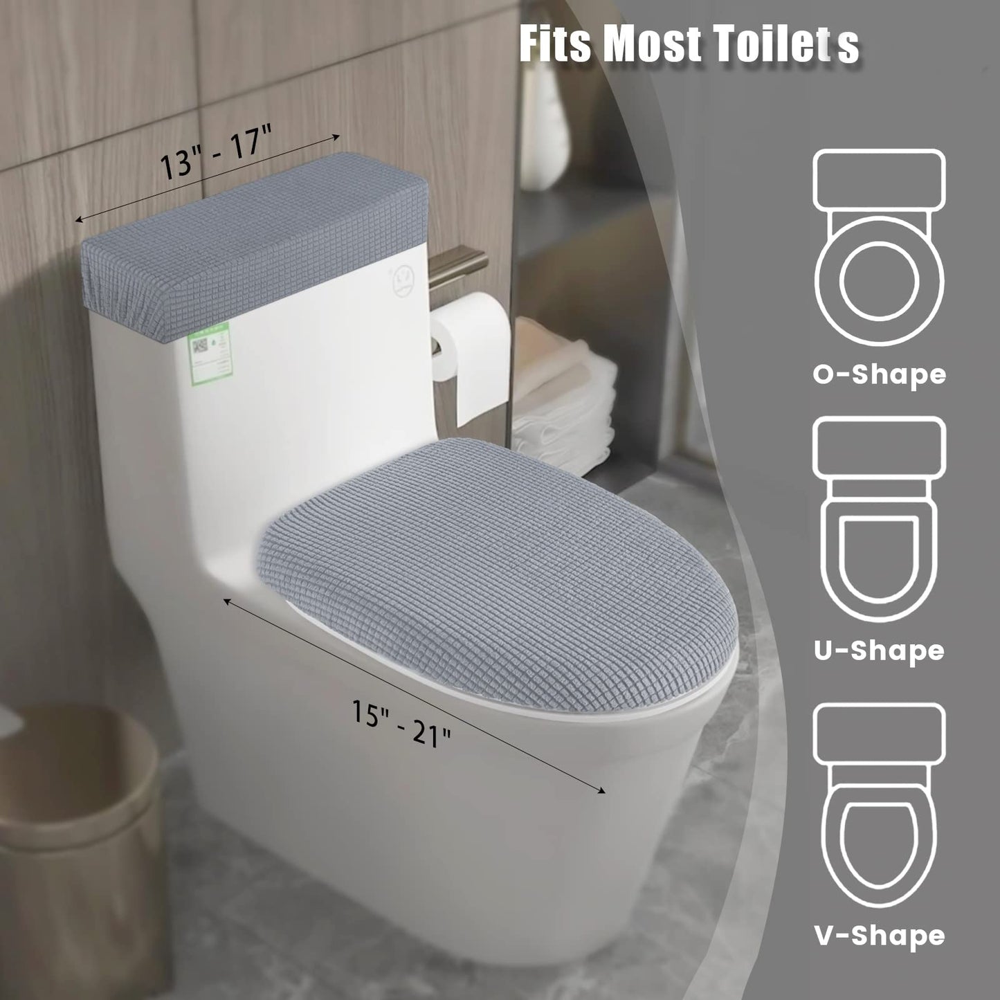 Toilet Lid Cover and Toilet Tank Cover Stretch Toilet Covers Set for Bathroom, Polyester Spandex Jacquard Fabric, Machine Washable, with Elastic Bottom, Light Gray