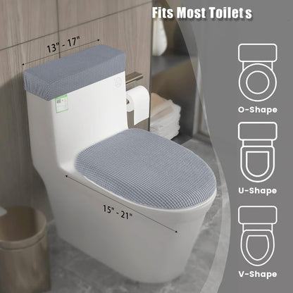 Toilet Lid Cover and Toilet Tank Cover Stretch Toilet Covers Set for Bathroom, Polyester Spandex Jacquard Fabric, Machine Washable, with Elastic Bottom, Light Gray