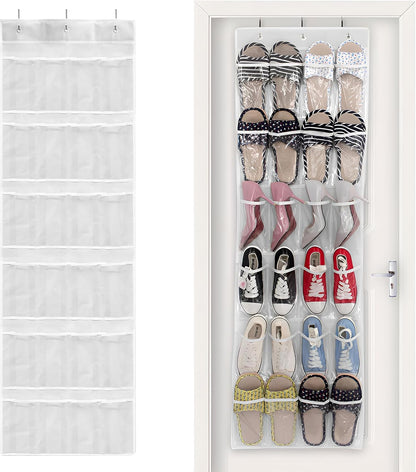 Skiennix 24-Pocket Over The Door Shoe Organizer - Large Hanging Rack with Mesh Pockets & 3 Hooks | White