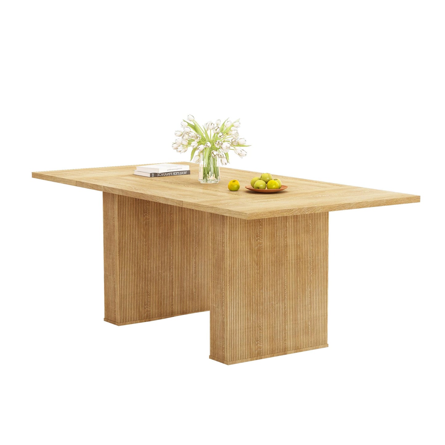 QHITTY 78 Inch Fluted Dining Table, Wood KitchenTable for 6 to 10, Farmhouse Long Rectangle Table with Strip Base for Dining Room, Kitchen Natural