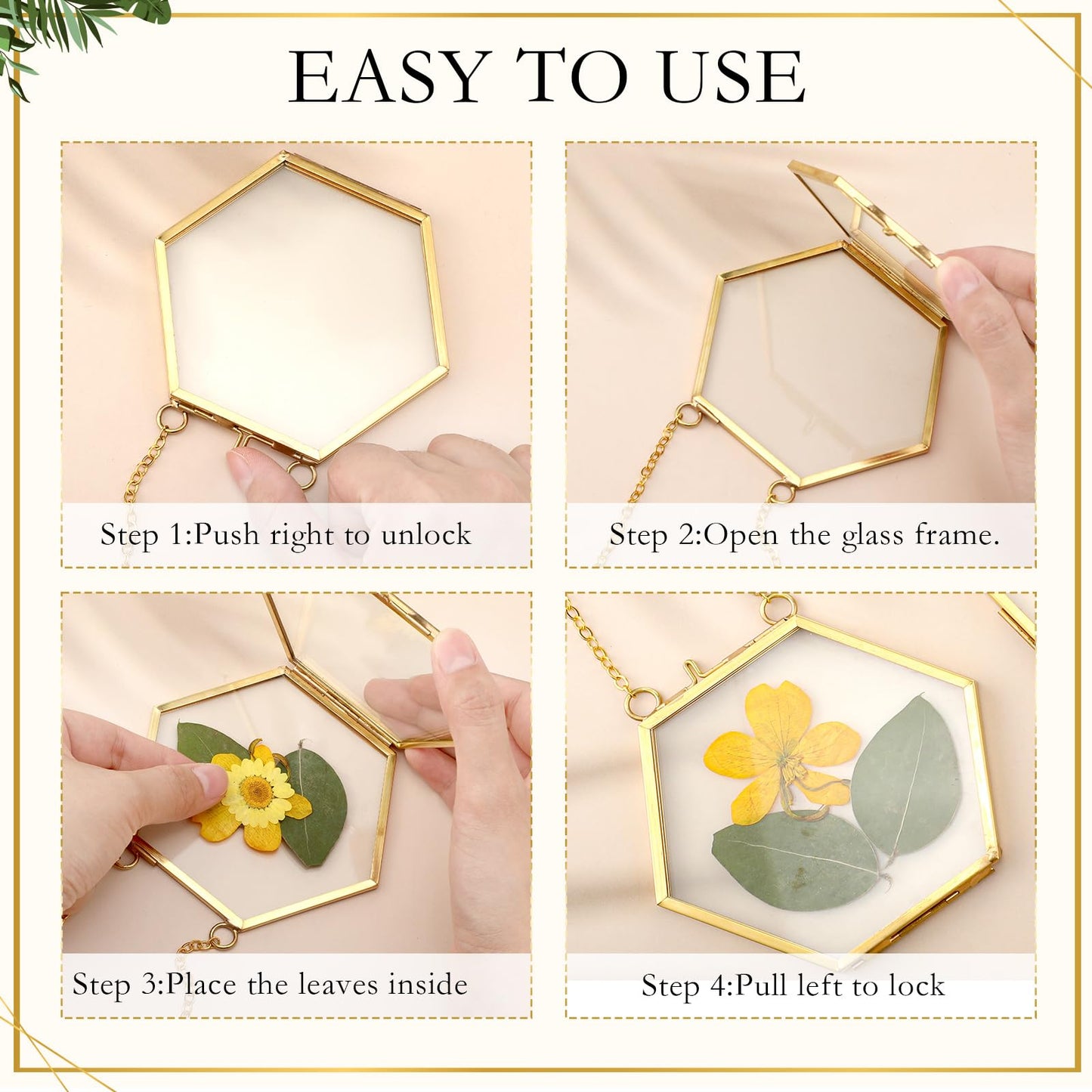 Barydat 8 Set Double Glass Pressed Flower Frames Gifts Wall Hanging Photo Picture Frame with Bag Dried Flowers Chains Gift for Artwork Frame Home Decor Plant Photo Display, 8 Shapes(Gold)