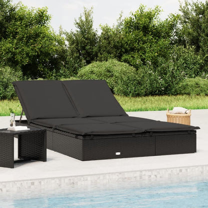 Yisssmeng 2-Person Sunbed with Cushions, Double PE Rattan Chaise Lounge with Adjustable Backrest, Modern 2-Person Reclining Daybed for Outdoor Garden, Poolside and Patio, Black