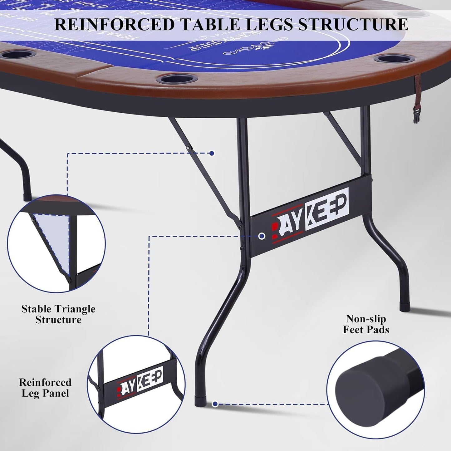 RAYKEEP Foldable Poker Table for 10 Players, 84" Folding Blackjack Texas Holdem Table, Portable Casino Leisure Card Board Game Table with Cup Holders and Padded Rails for Game Room (Brown)