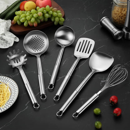 Gymdin 6-Piece Kitchen Cooking Utensils Set, Stainless Steel Kitchen Utensils with Suspendable Handle, Spatula, Slotted Turner, Soup Ladle, Slotted Spoon, Whisk, Pasta Server, Dishwasher Safe