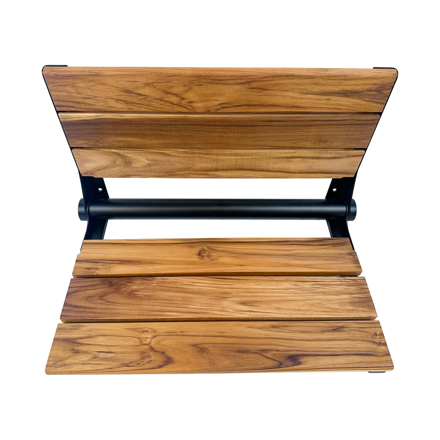 Teak Shower Seat Bench with Back - Wall Mounted Fold Up Shower Seat, Waterproof Folding Teak Bath Chair for Seniors, 304 Stainless Steel Frame, with 300 lbs Capacity - 24" Length, Matte Black