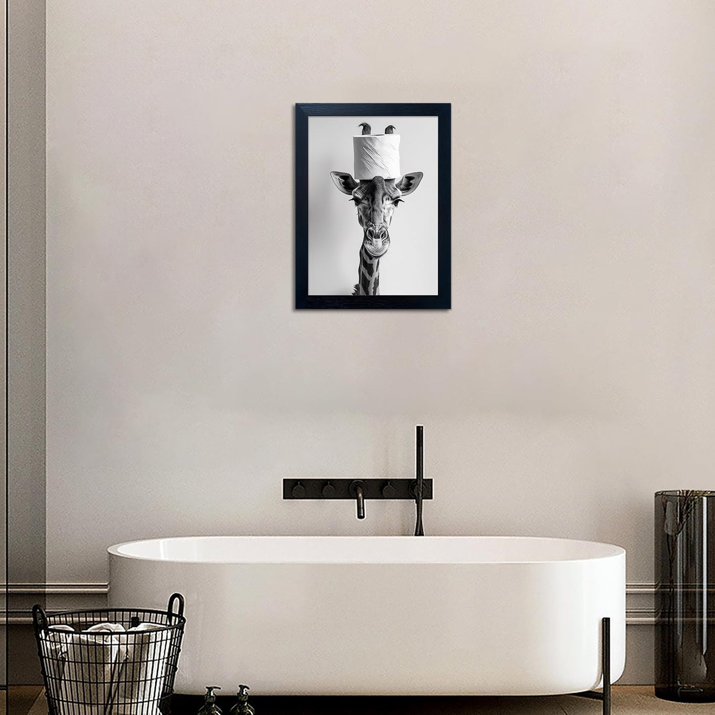 Bathroom Picture Wall Decor, Framed Black and White Bathroom Wall Art, Toilet Paper in Little Funny Raccoon's Hand Animal Canvas Print Painting