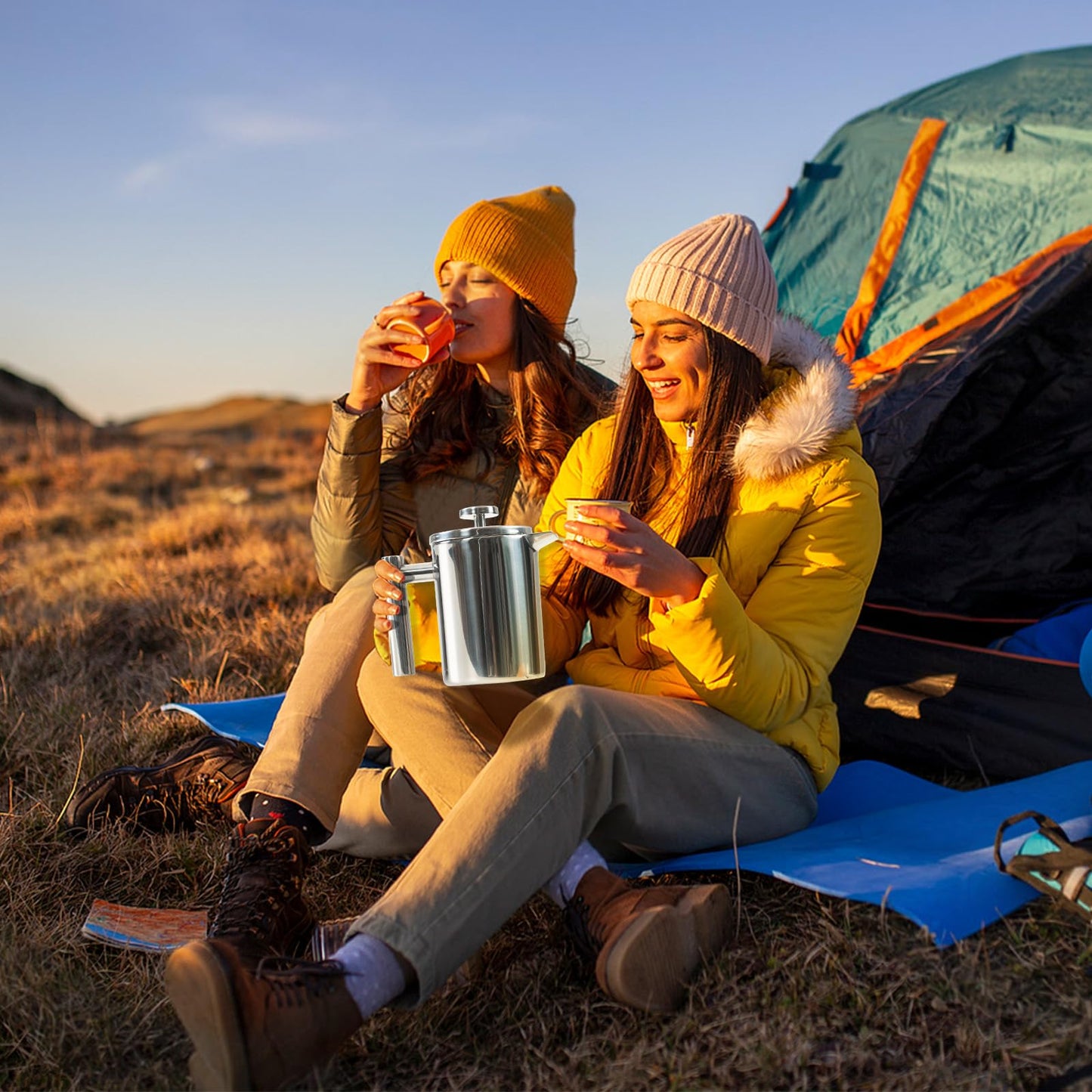 FrutPunch French Press Coffee Maker with Scale, 304 Stainless Steel French Press, 17OZ, Double-Wall Insulated, Food Grade, Suitable for Kitchen and Travel Camping