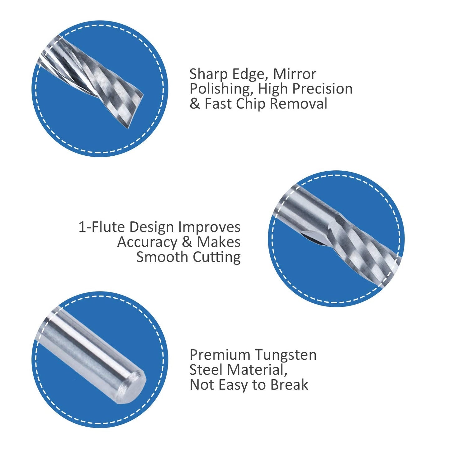 HQMaster 10 Pack O Flute CNC Router Bit 1/8” Shank Spiral Upcut Router Bit Single Flute End Mill Set Milling Cutter 1/8" Cutting Dia Tungsten Carbide Engraving Tool for MDF Acrylic PVC Wood Board