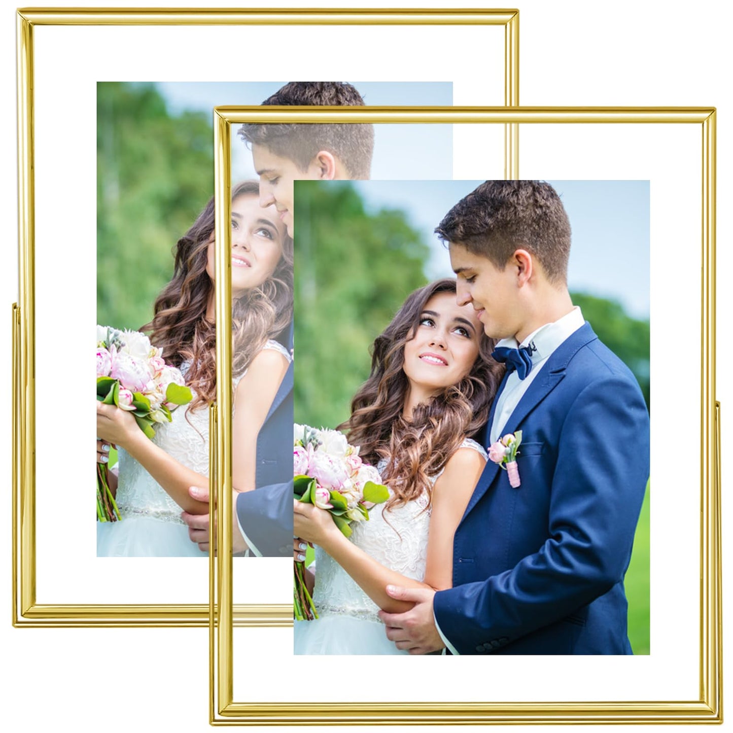 CROXXID 8x10 Picture Frame set of 2, for 5x7 6x8 with Floating Effect, for 8 x 10 without Floating, Double Real Glass Photo Frames Only for Tabletop, Home or Wedding Decoration Gift (Vertical Gold)