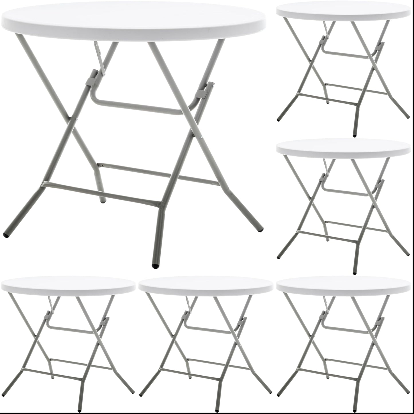 BTEXPERT Set of 5, White 2.63 Foot Round Plastic Folding 30" Height Commercial Portable for Banquet Card Plastic Coffee Dining Wedding Party Event Home Kitchen Indoor Outdoor Thick Top Metal Frame