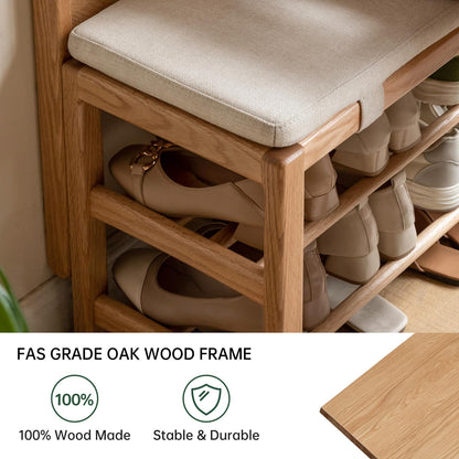 Vadisun Oak Coat Rack, Solid Wood Hall Tree with Shoe Bench, 2-Tier Shoe Rack with 7 Hooks for Entryway, Hallway, 13.8" x 31.5" x 72.8", Natural