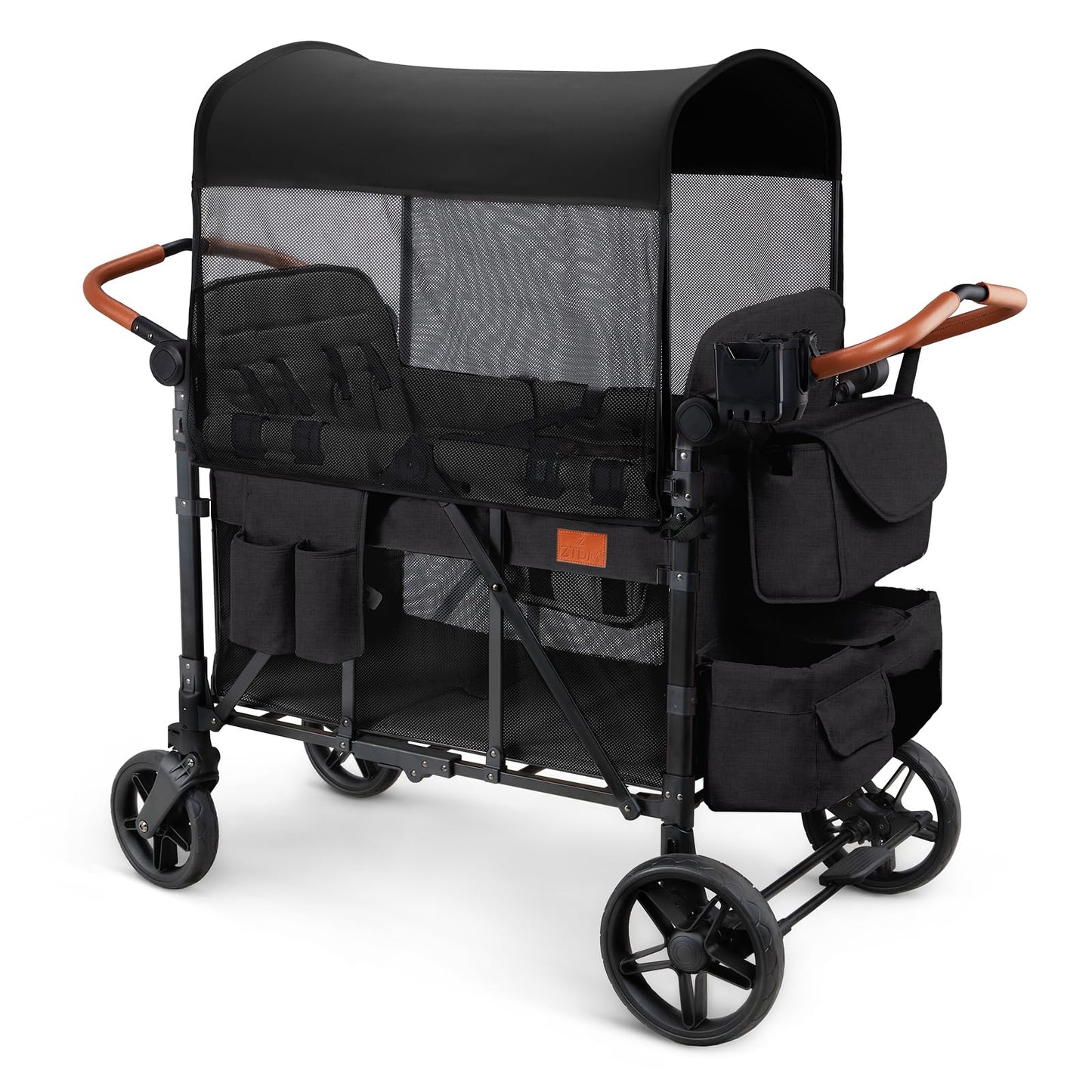 ZTDM Wagon Stroller for 4 Kids, All-Terrain Wagon for Toddler with Canopy, Parent Organizer, Shoulder Bag, Adjustable Handlebar, Phone Holder, High Seat & 5 Point Harness, Ultimate Quad (Black)
