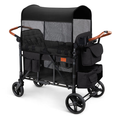 ZTDM Wagon Stroller for 4 Kids, All-Terrain Wagon for Toddler with Canopy, Parent Organizer, Shoulder Bag, Adjustable Handlebar, Phone Holder, High Seat & 5 Point Harness, Ultimate Quad (Black)