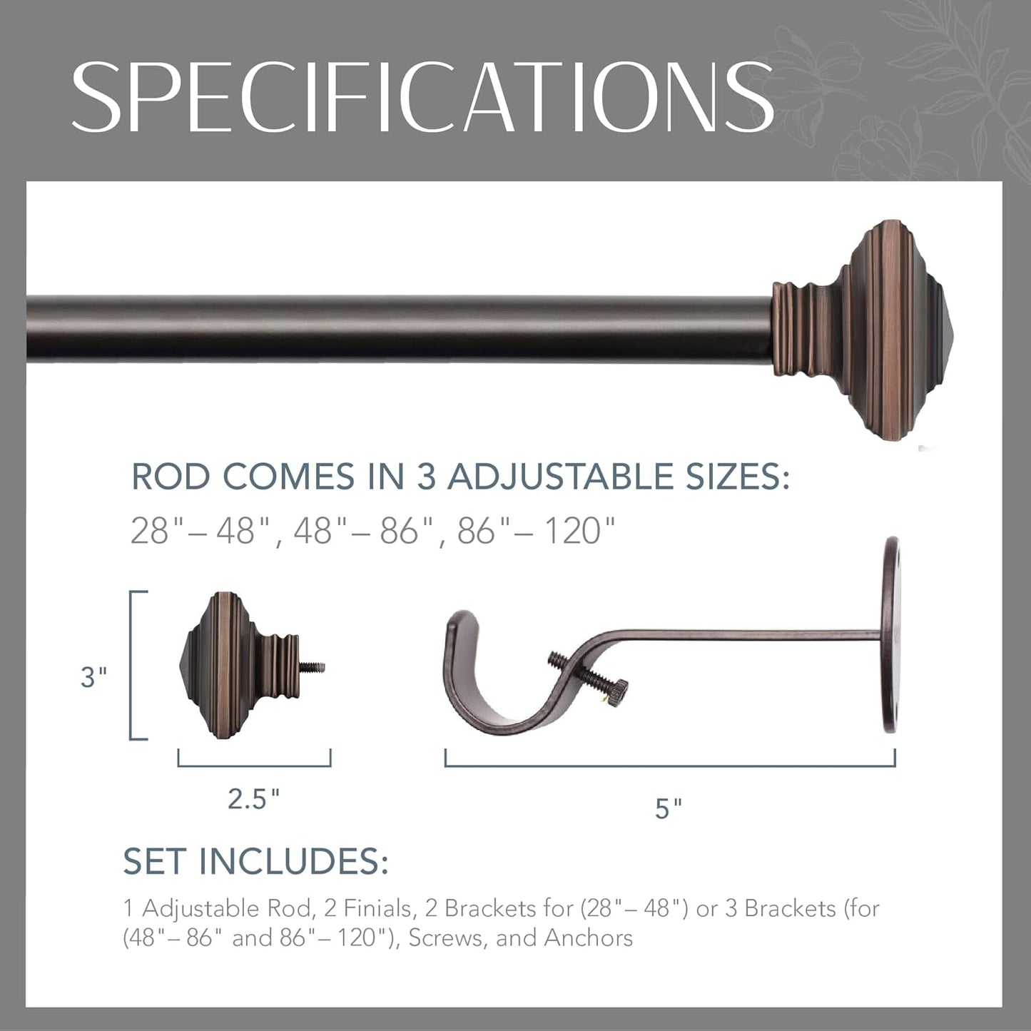 Elrene Home Fashions Florence Single Curtain Rod - Stacked Square Finials, 1" Diameter, Antique Bronze